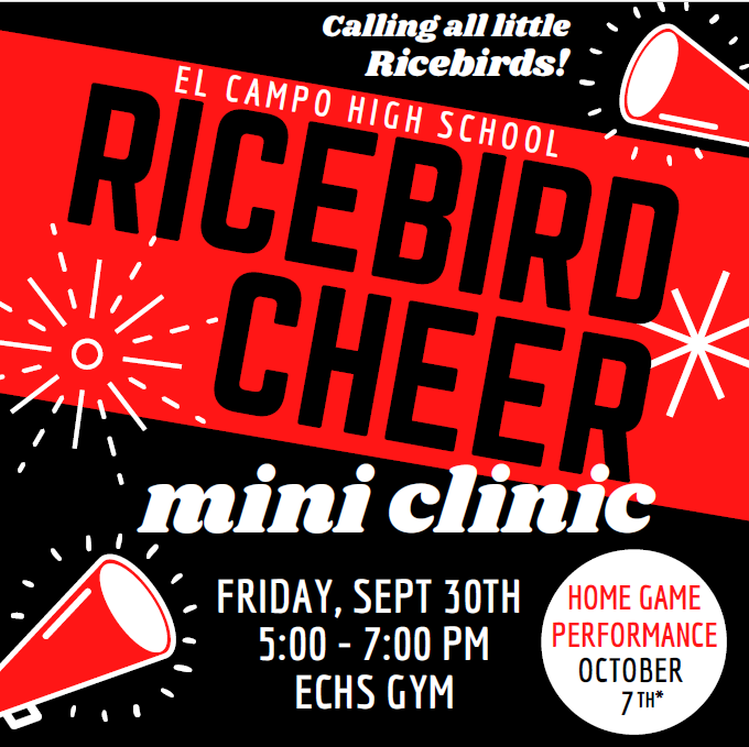 cheer clinic for pre k - 6th graders September 30
