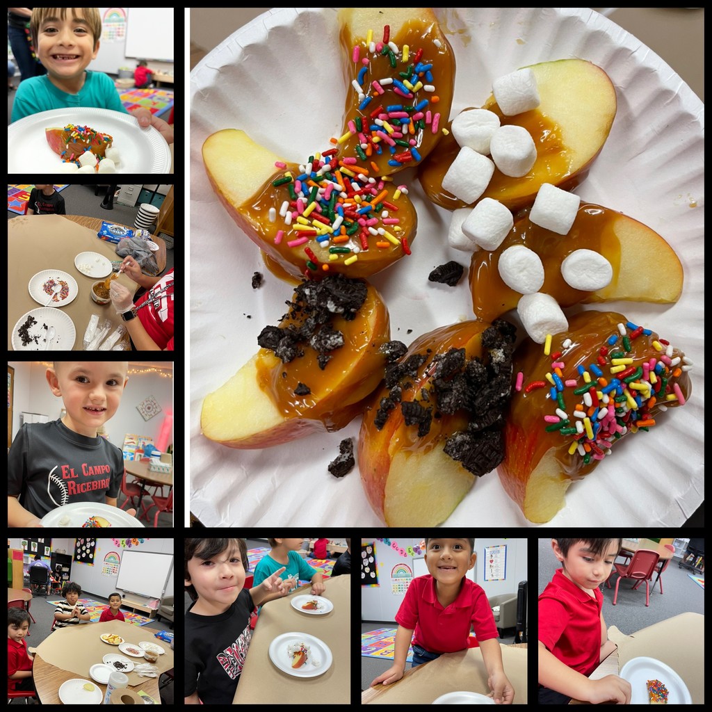 elementary student with their homemade caramel apples