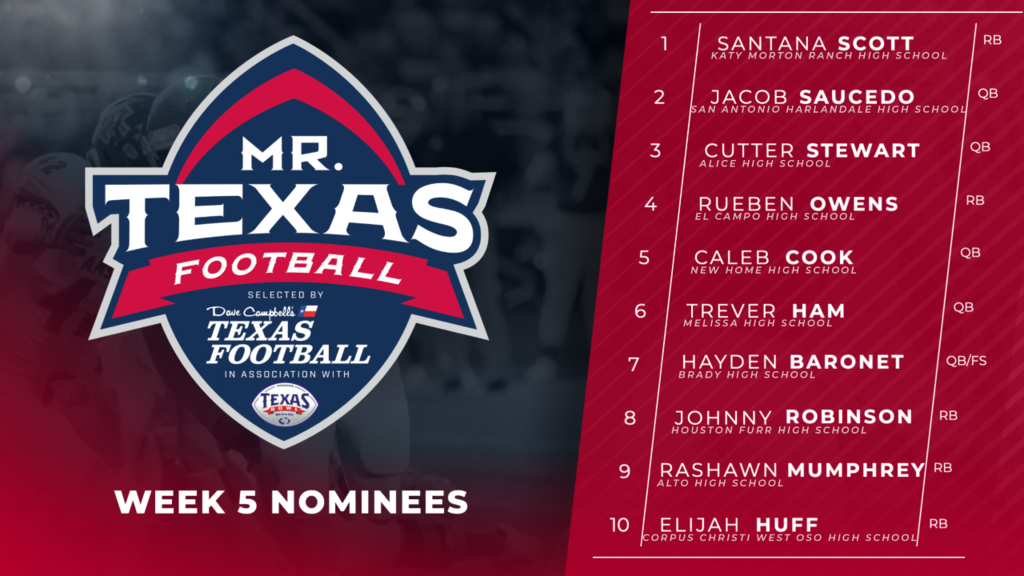 list of 10 nominess for Mr. Texas Football week 5