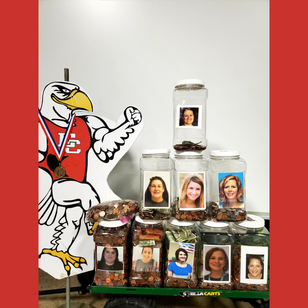 money jars with teacher picture on each