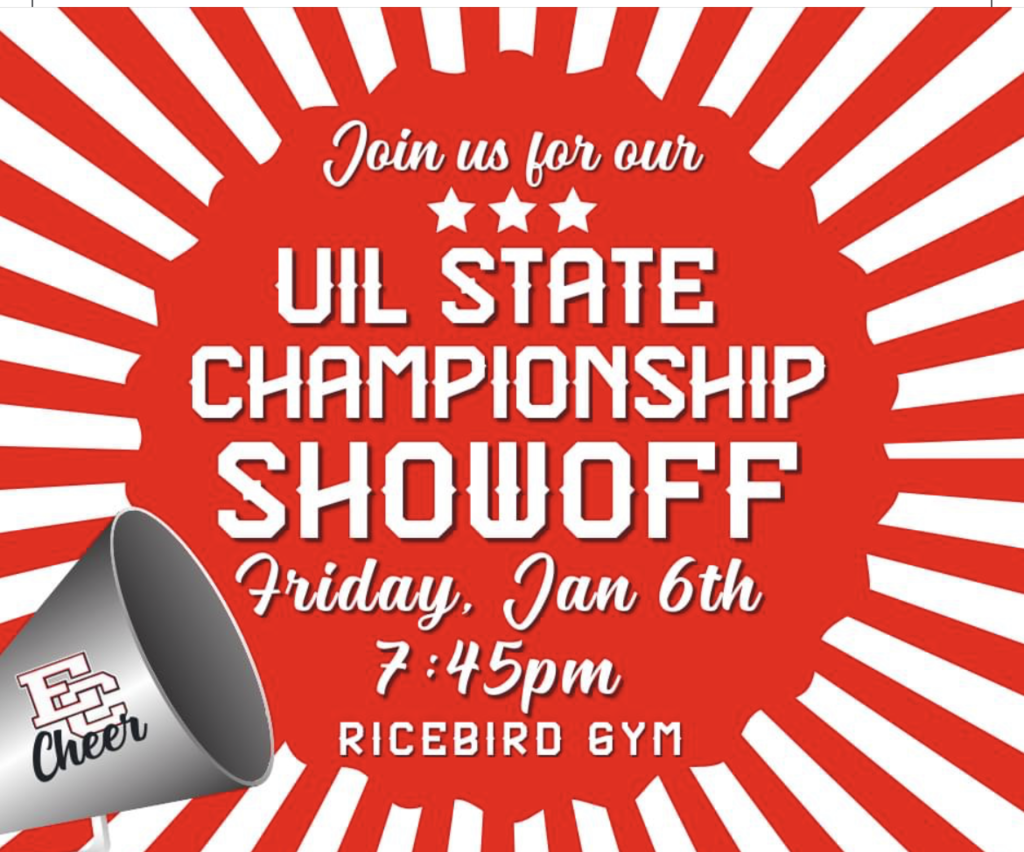 join us for our uil state championship showoff tonight at 7:45 in ricebird gym