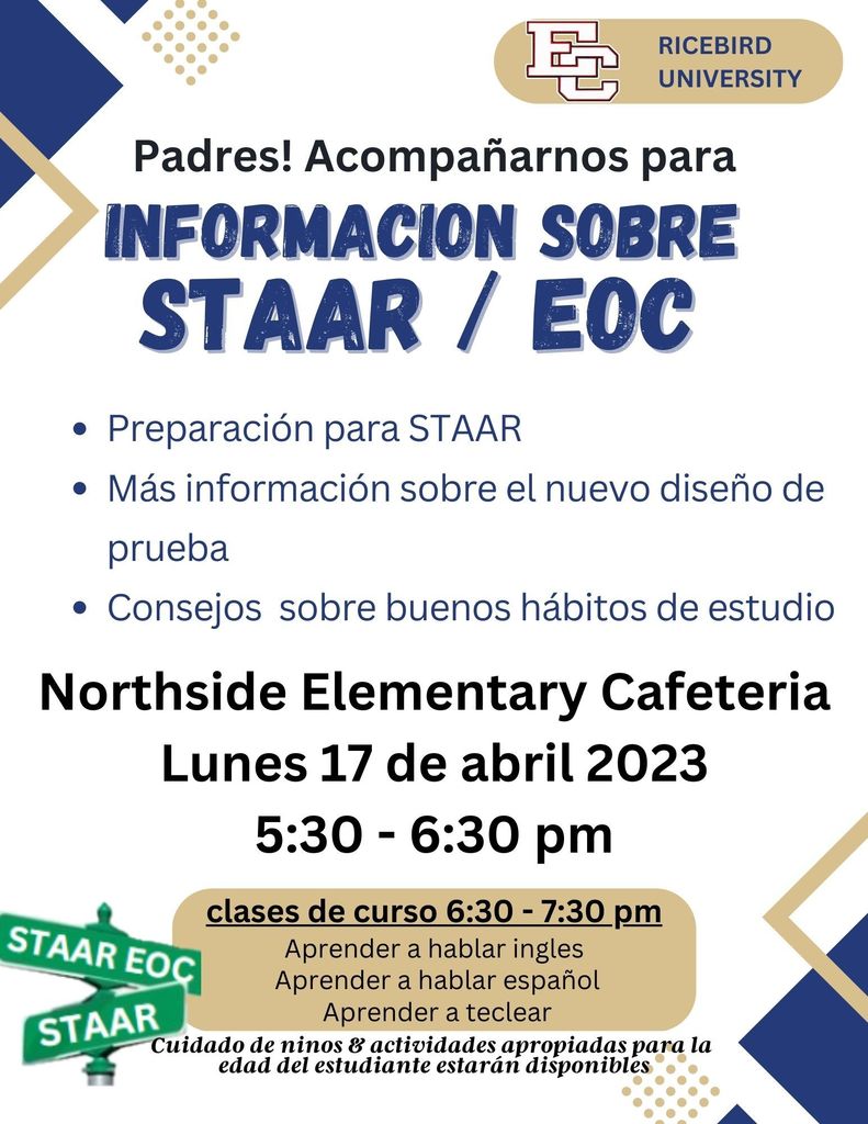 STAAR tips for parents at ricebird university on april 17 at 5:30